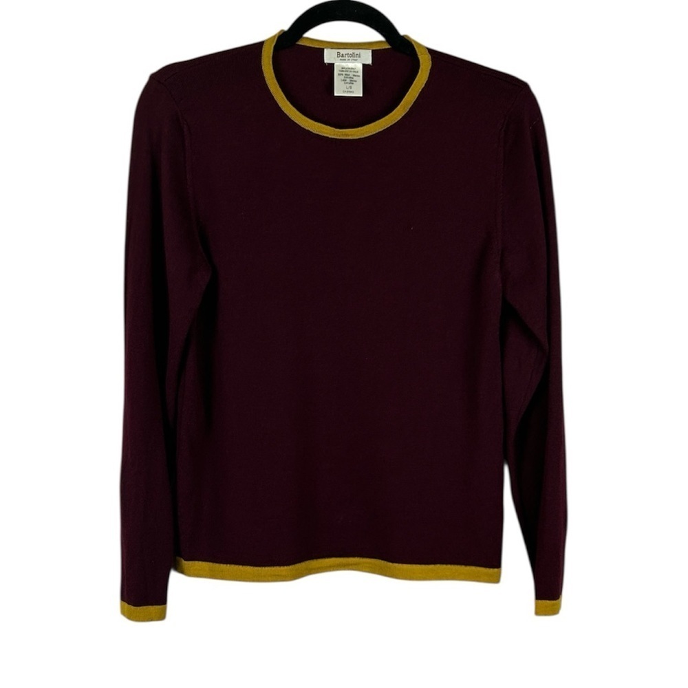 Bartolini Made In Italy Merino Wool Crew Neck Gold Trim Sweater Large Maroon